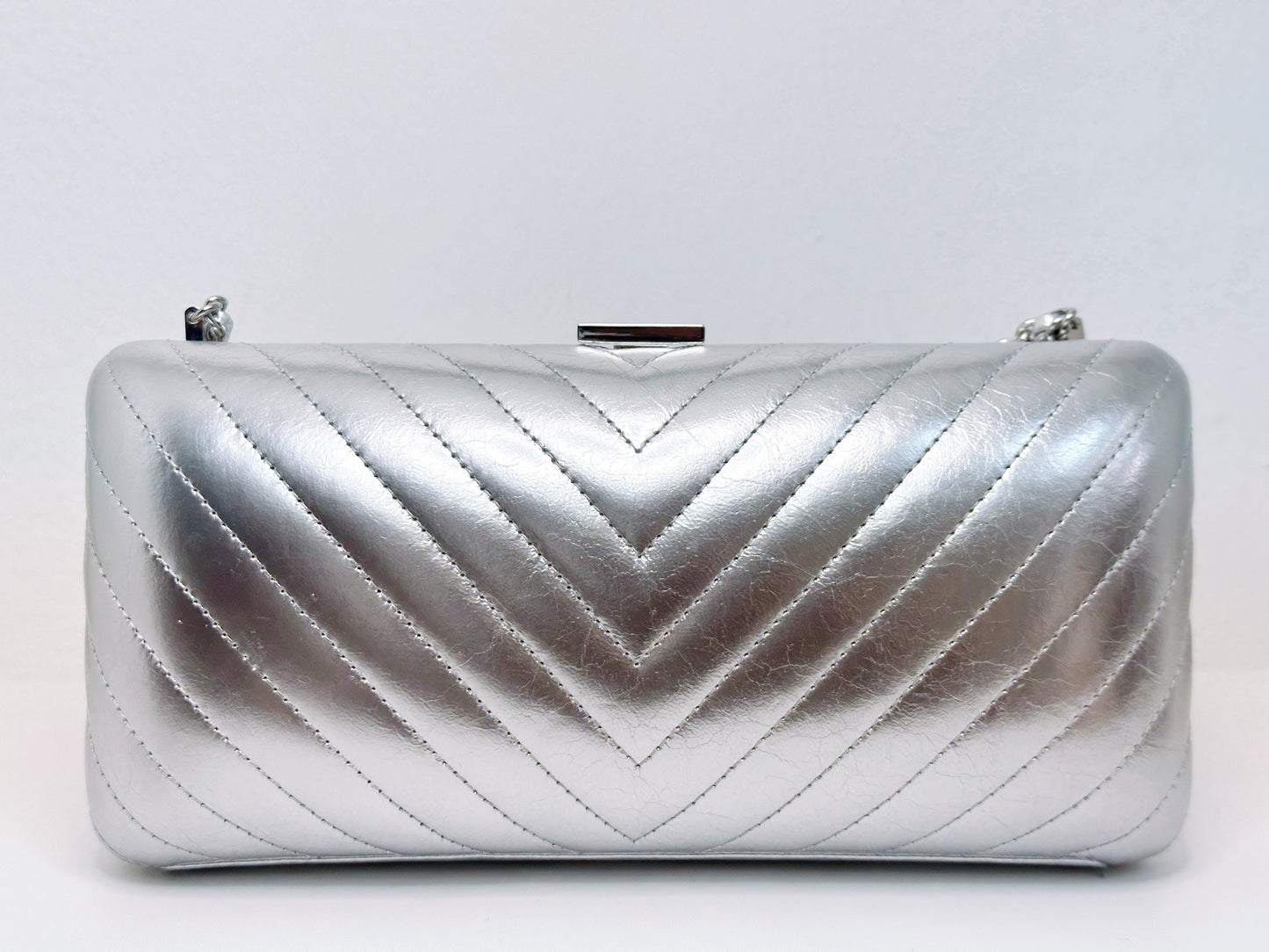 Chanel Silver Chain Fringe Leather Clutch Bag Silvery 2572 holo