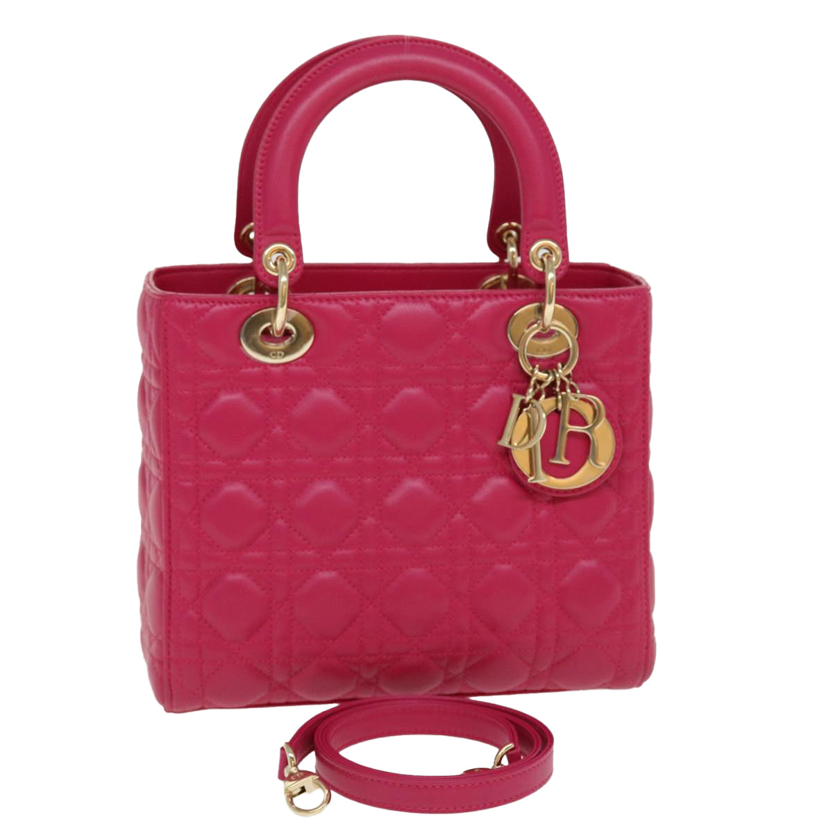 CHRISTIAN DIOR Lady Dior Hand Bag Lamb Skin 2way Pink Auth 28644