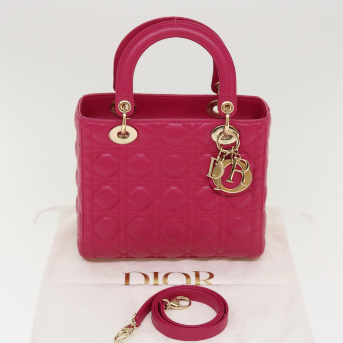 CHRISTIAN DIOR Lady Dior Hand Bag Lamb Skin 2way Pink Auth 28644