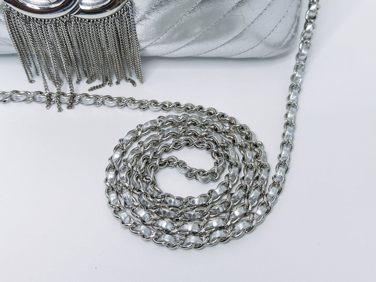 Chanel Silver Chain Fringe Leather Clutch Bag Silvery 2572 holo
