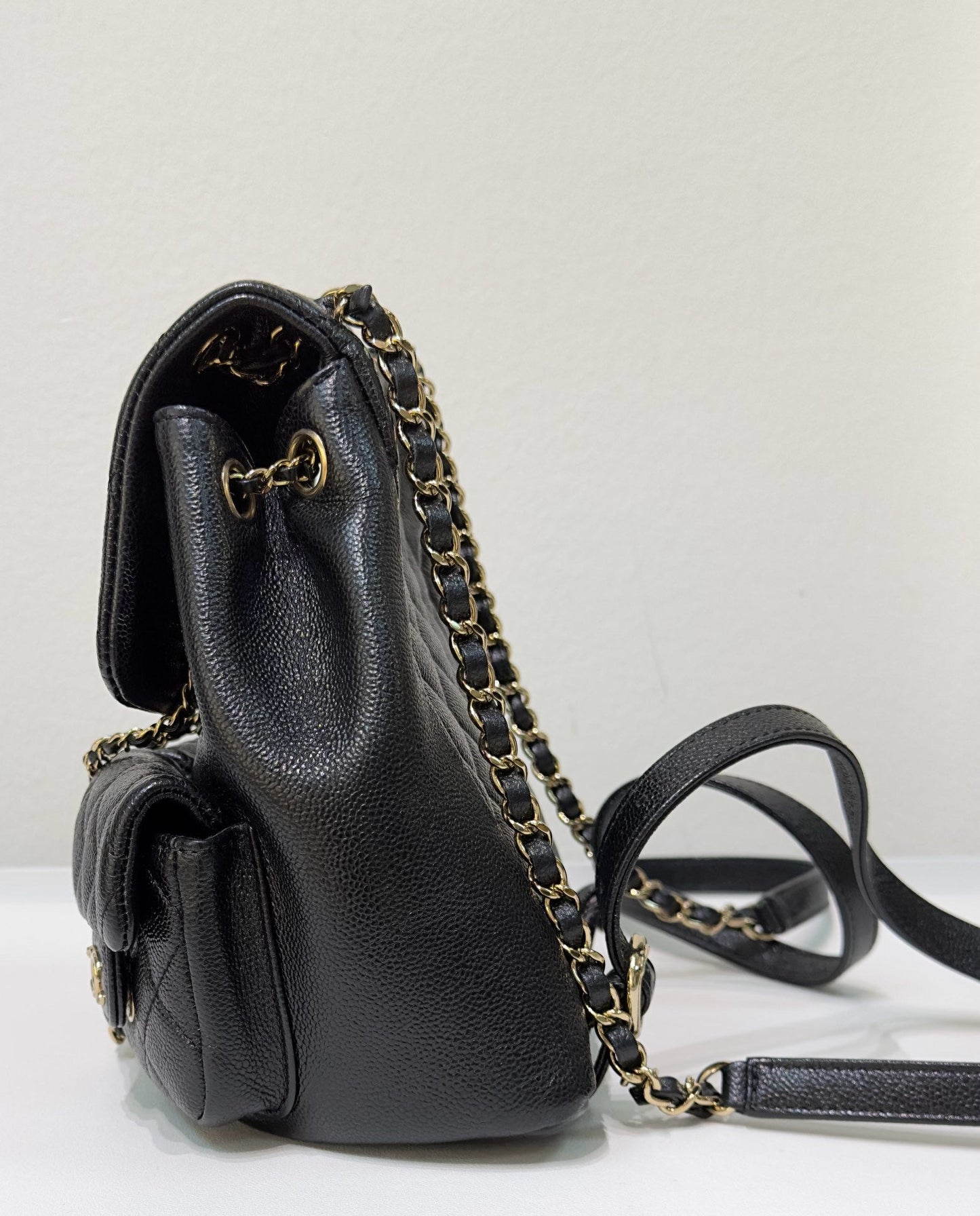 Chanel 23P Small Shiny Caviar Quilted Duma Pockets Drawstring Backpack Black GHW