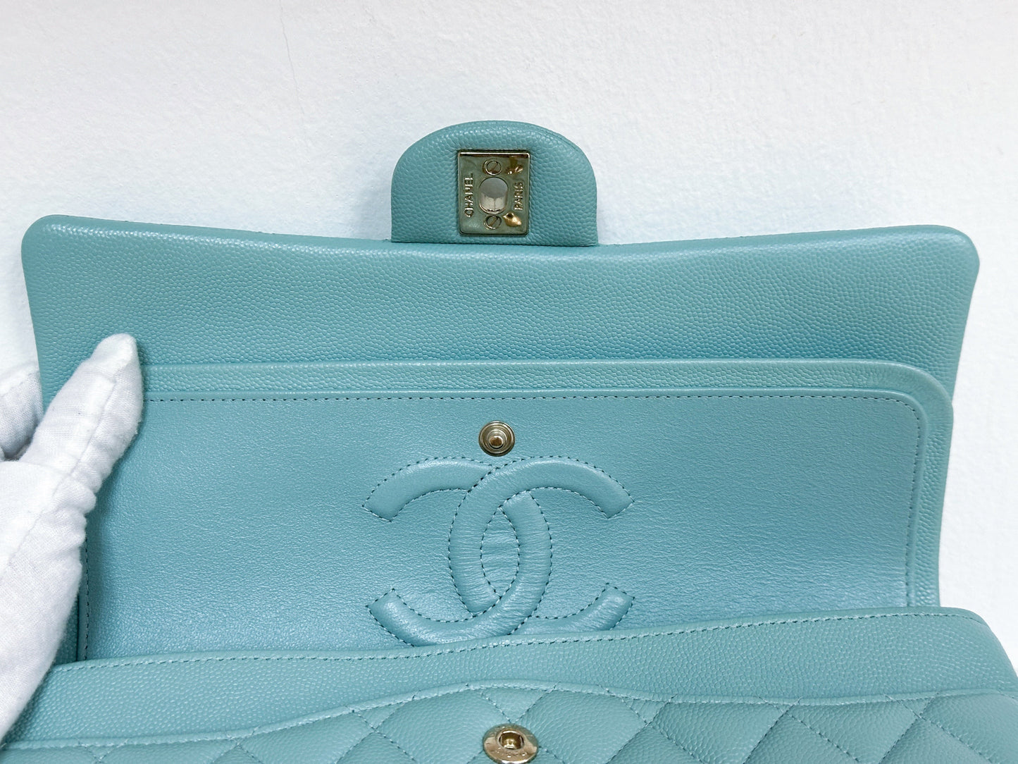 Chanel Classic Flap Medium 20C Tiffany Blue Caviar Light Gold Hardware 2943 holo card