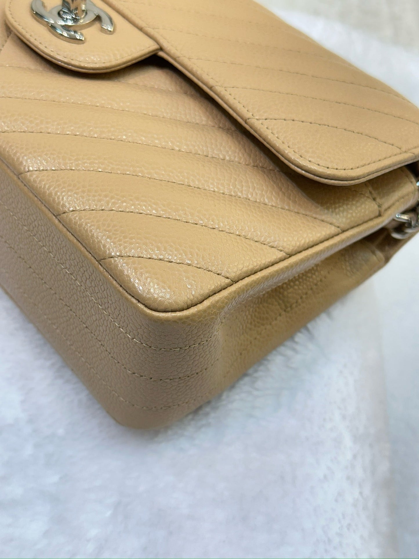 Chanel Small Classic Chevron Calfskin Double Flap Dark Beige SHW 19S 27 Holo card
