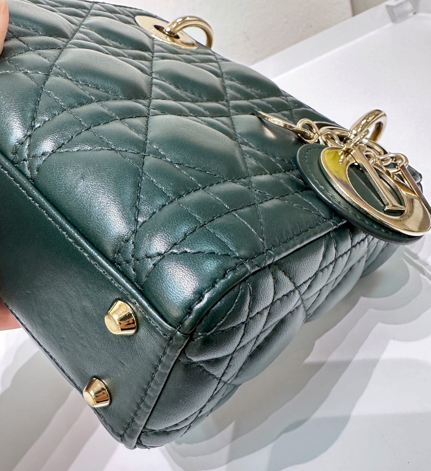 CHRISTIAN DIOR Lambskin Cannage Mini Lady Dior Dark Green