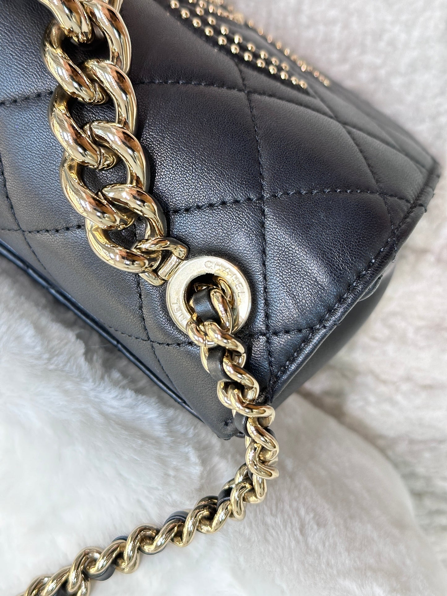 CHANEL Lambskin Quilted Studded Beauty Begins Flap Black