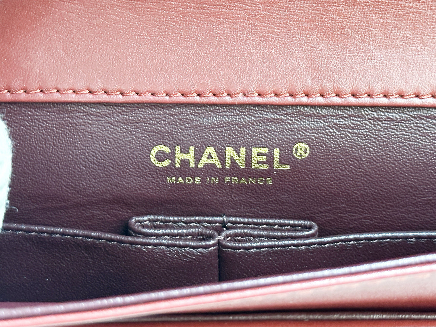 Chanel Pre-owned Classic Flap Gabrielle Brasserie Menu Clutch Burgundy and Black Lambskin Antique GHW 2163 holo card