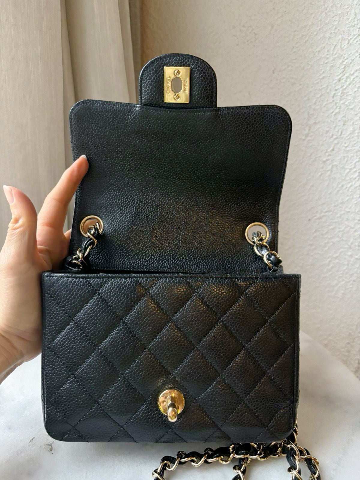 Chanel Mini Square Caviar Flap Bag Black GHW 1203 holo card
