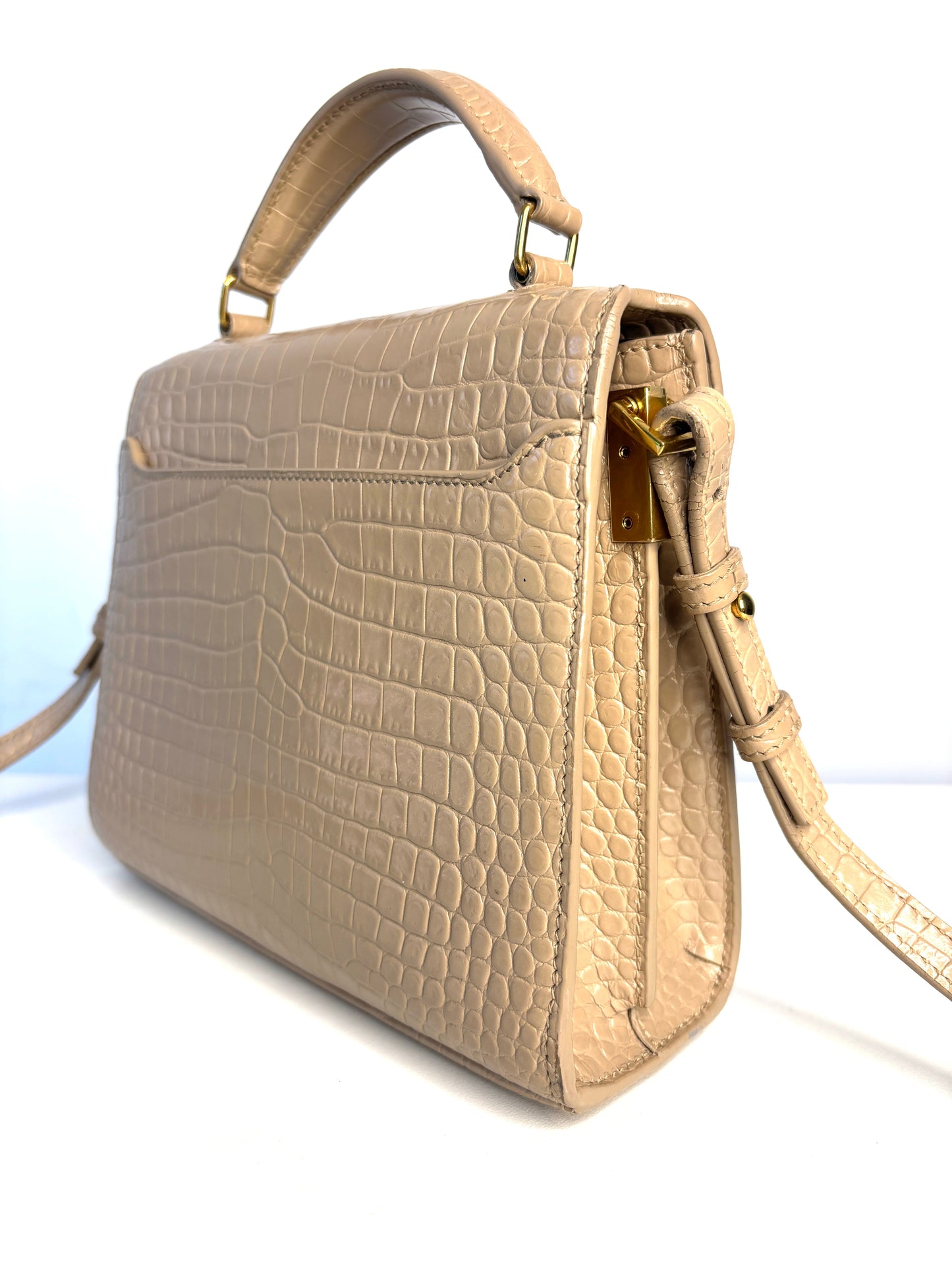 Saint Laurent YSL Crocodile Embossed Mini Classic Monogram Cassandra Nude Top Handle Bag