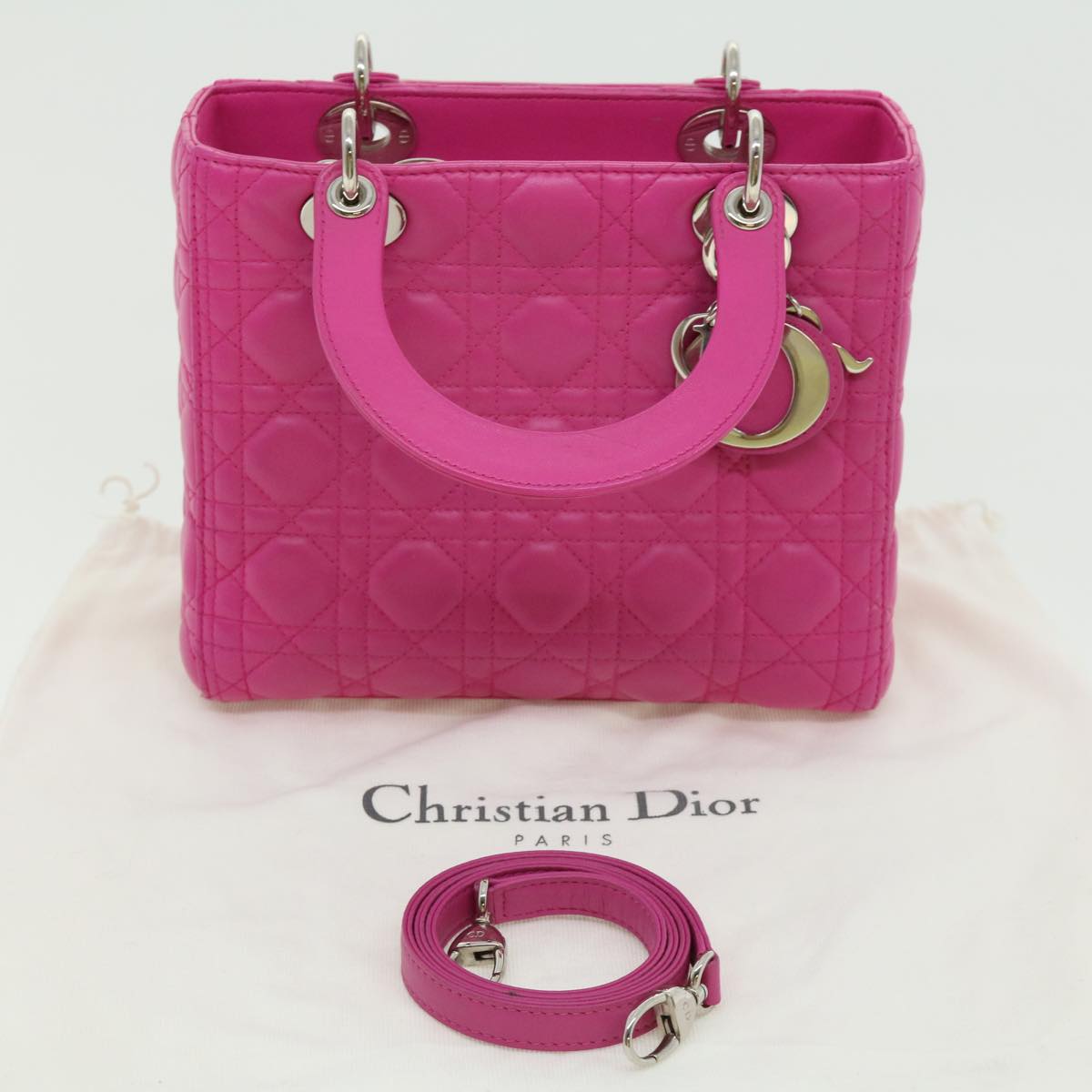 CHRISTIAN DIOR Lady Dior Canage Hand Bag Lamb Skin Pink Auth 30532A