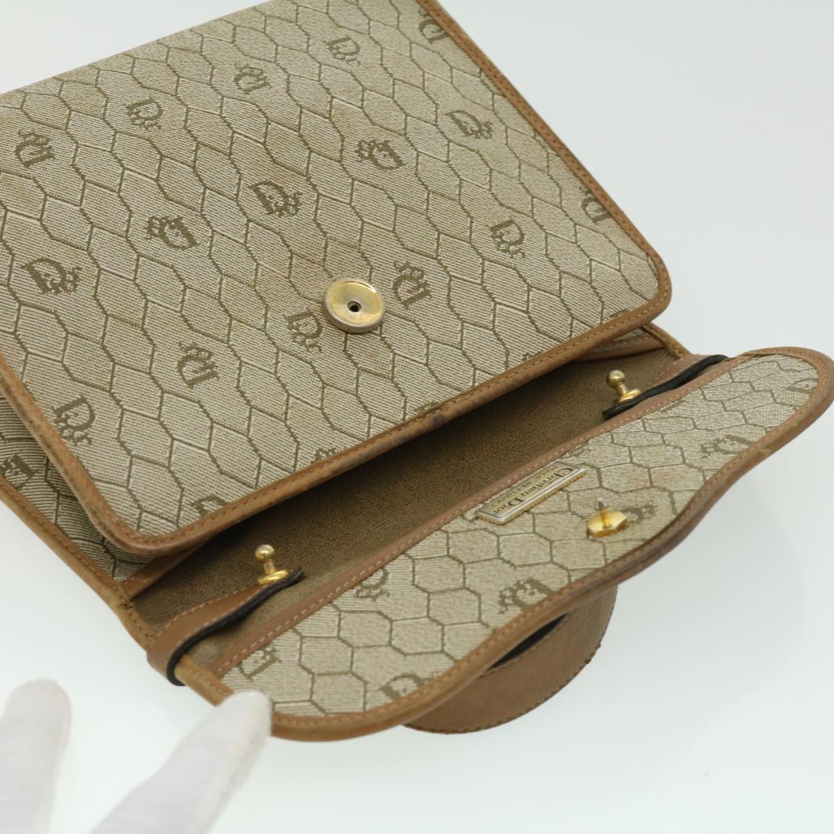 CHRISTIAN DIOR Honeycomb Canvas Hand Bag Beige Auth 31593