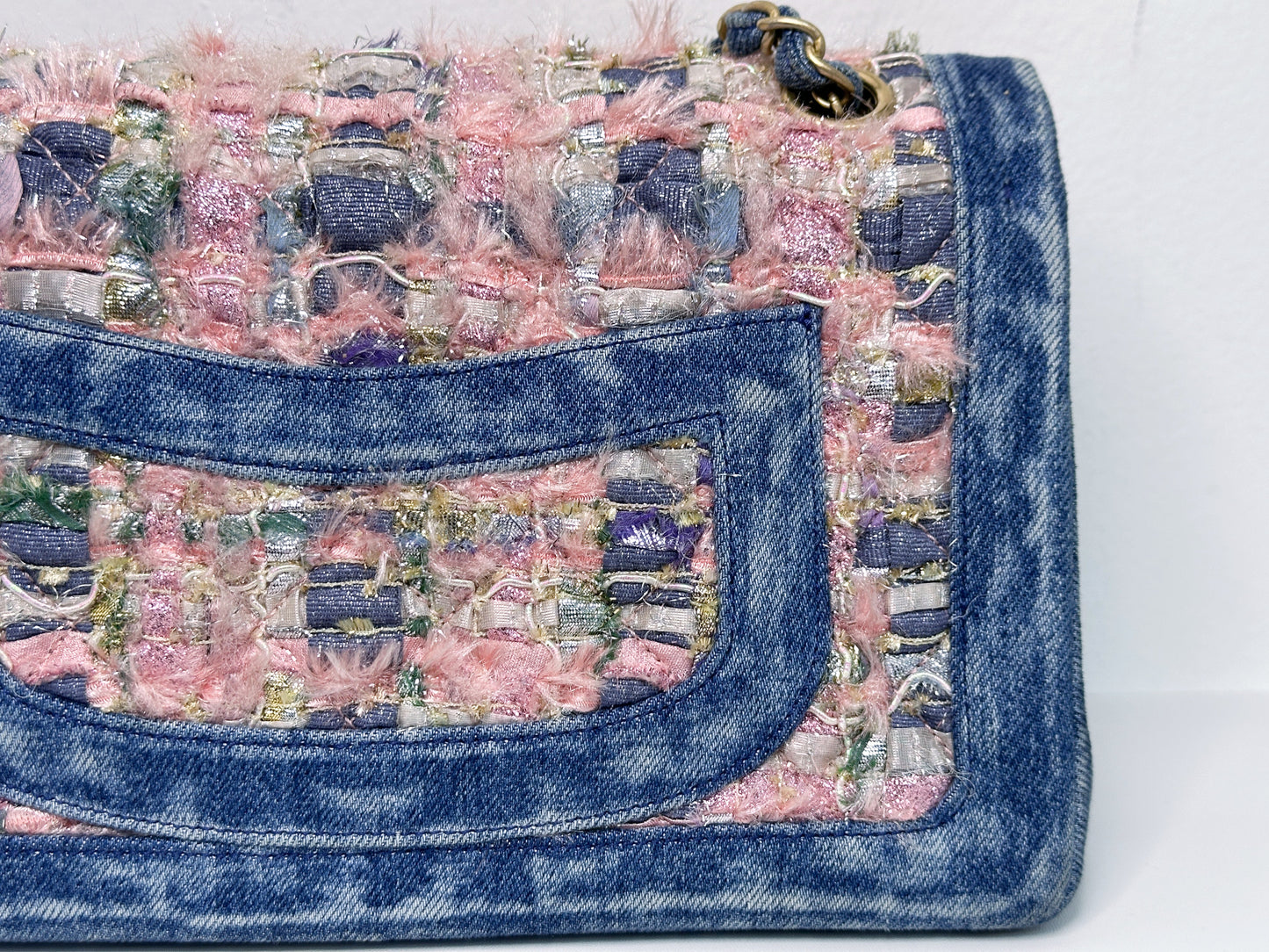 Chanel Pink, Silver, and Gold Tweed and Denim Medium Classic Double Flap Gold Hardware, 2016