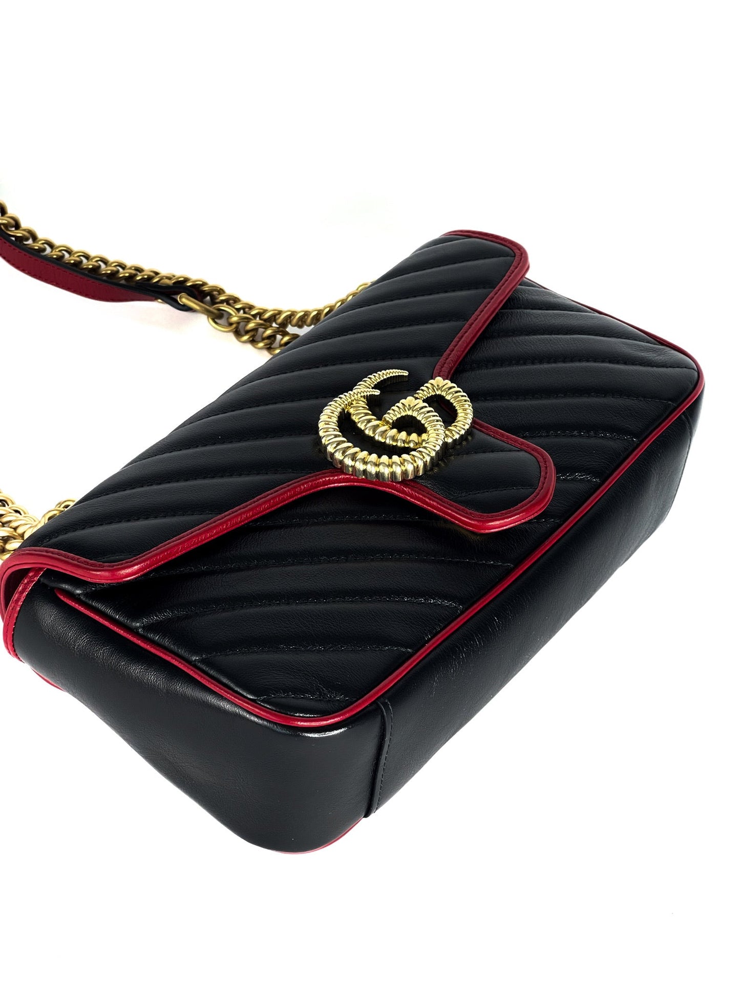 Gucci Calfskin Matelasse Diagonal Small Torchon GG Marmont Shoulder Bag Black Romantic Cherry