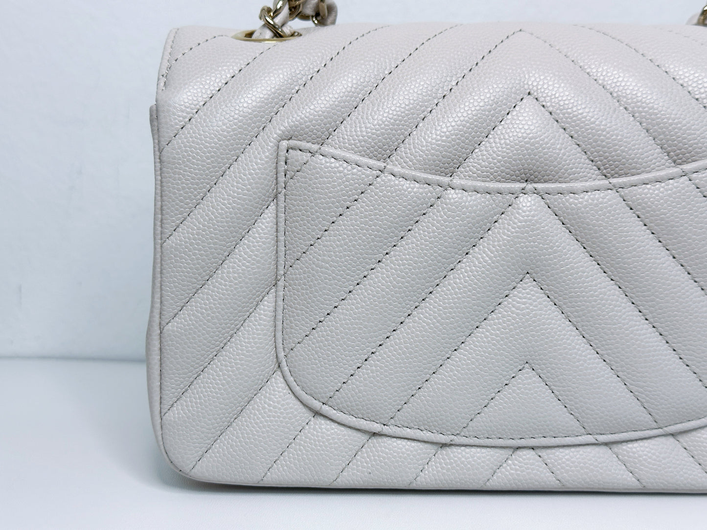 Chanel Mini Rectangle Chevron Blush Hue Light Beige Flap Bag LGHW