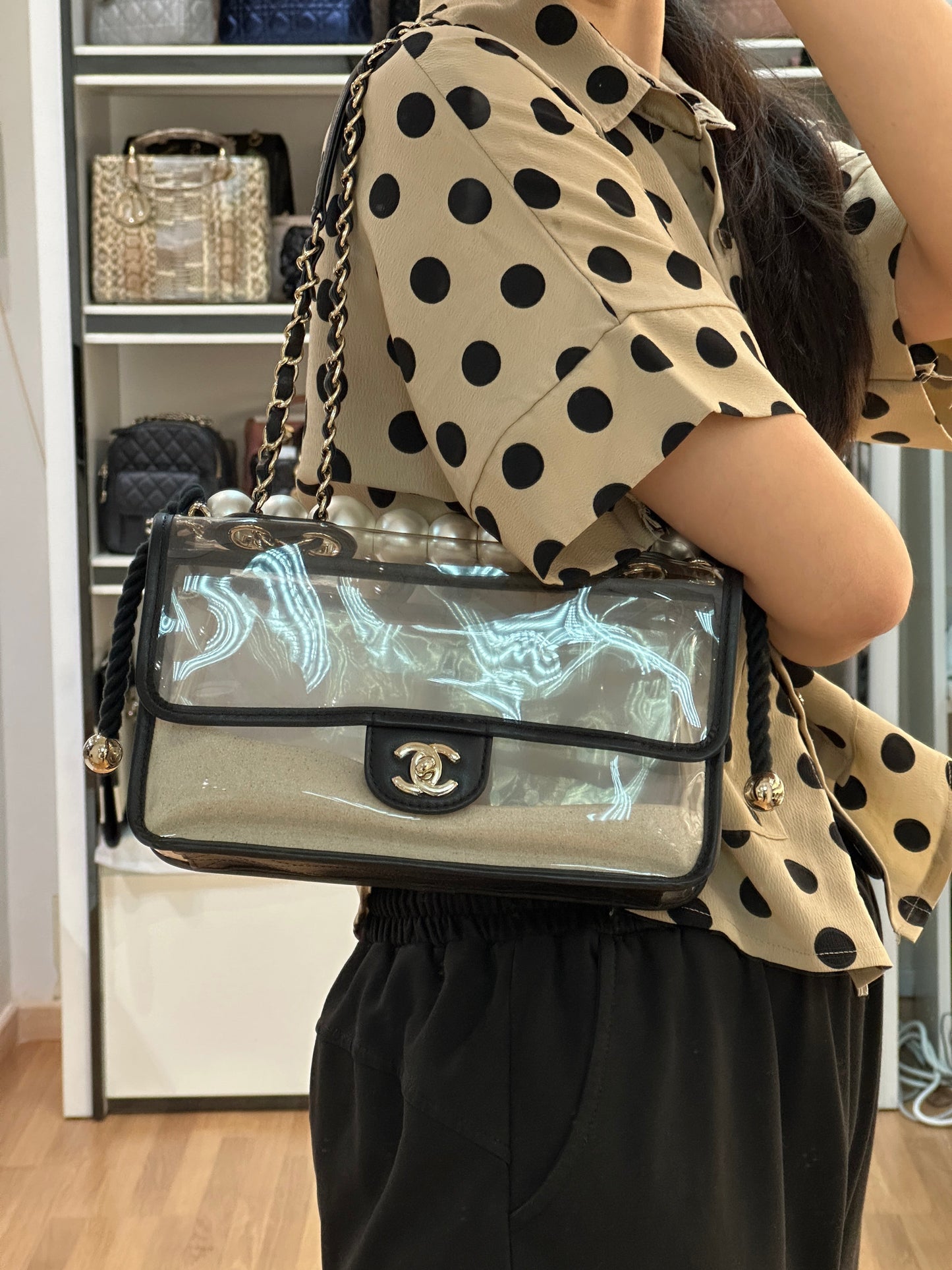 Chanel Medium Lambskin CoCo Sand PVC Sand By The Sea Flap With Pearl Strap Black 2745 holo card