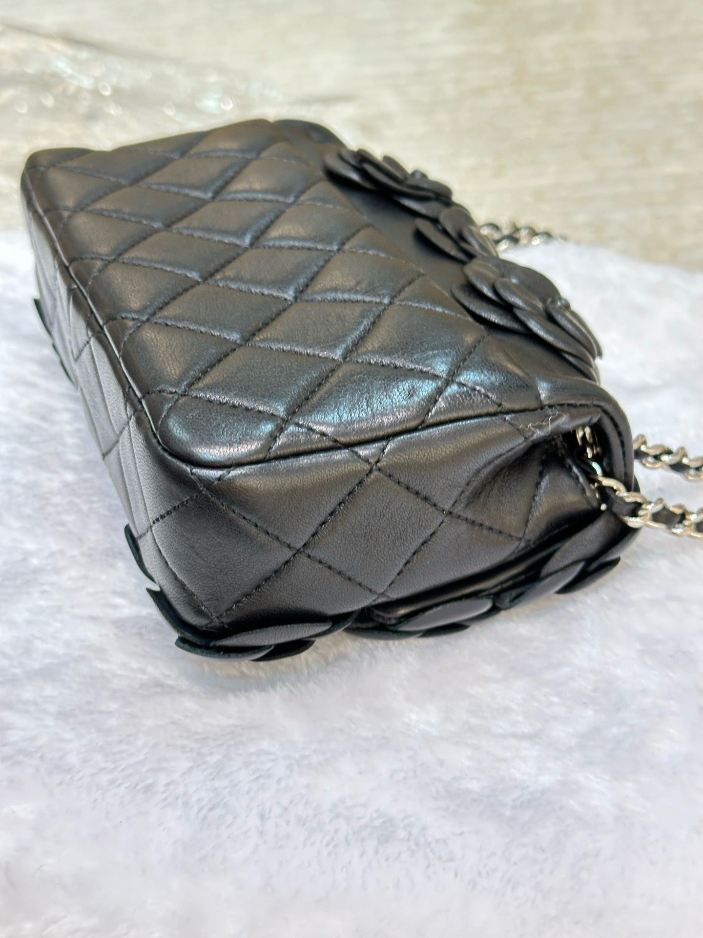 Chanel Mini Limited Edition Black Camellia Lambskin Flap Bag