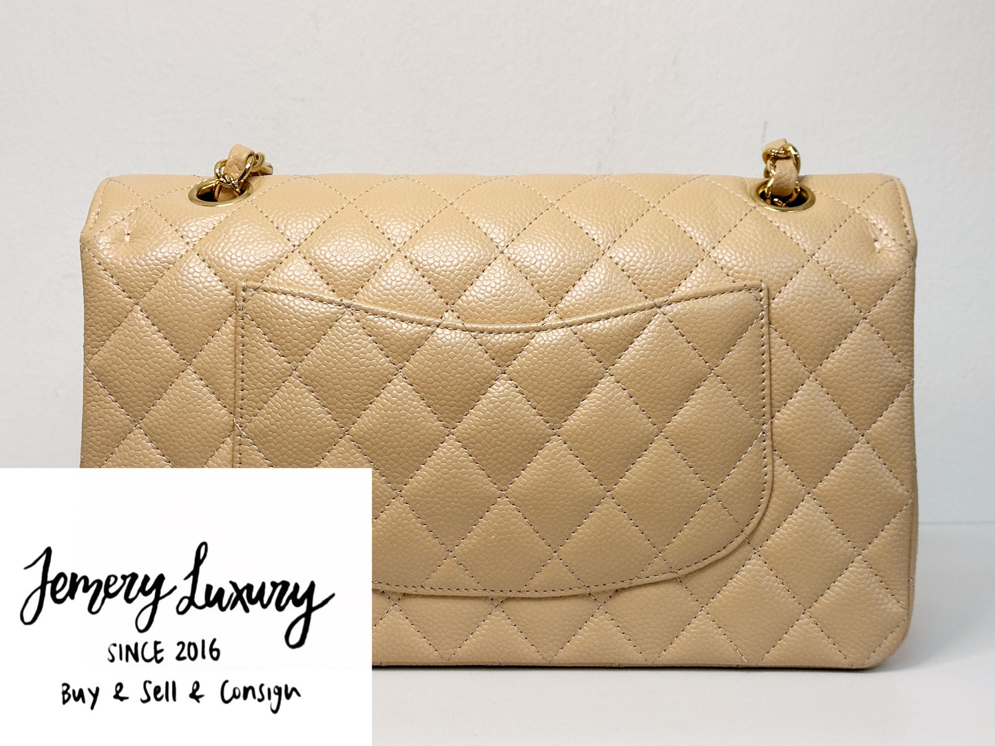 Chanel Medium Caviar Classic Double Flap Bag Beige 2552 holo card