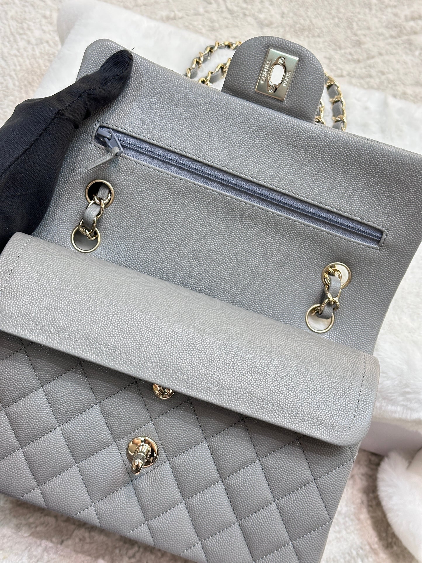 Chanel Small Caviar Quilted Double Flap Grey 21B Unused Condition