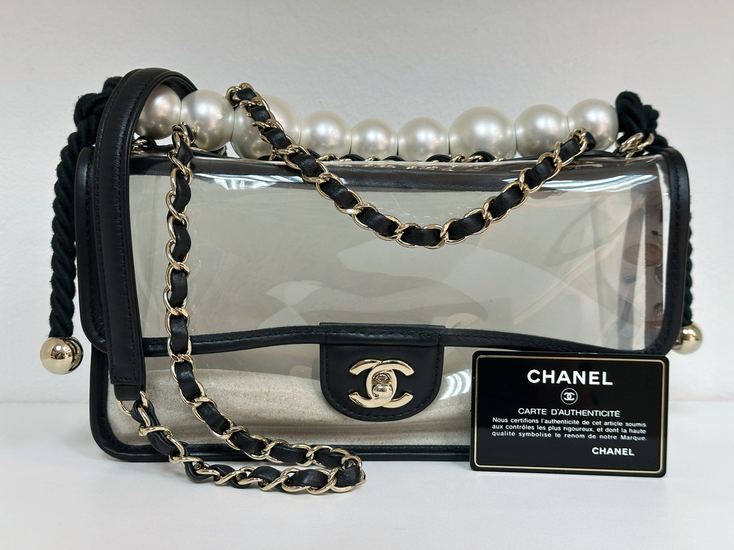 Chanel Medium Lambskin CoCo Sand PVC Sand By The Sea Flap With Pearl Strap Black 2745 holo card