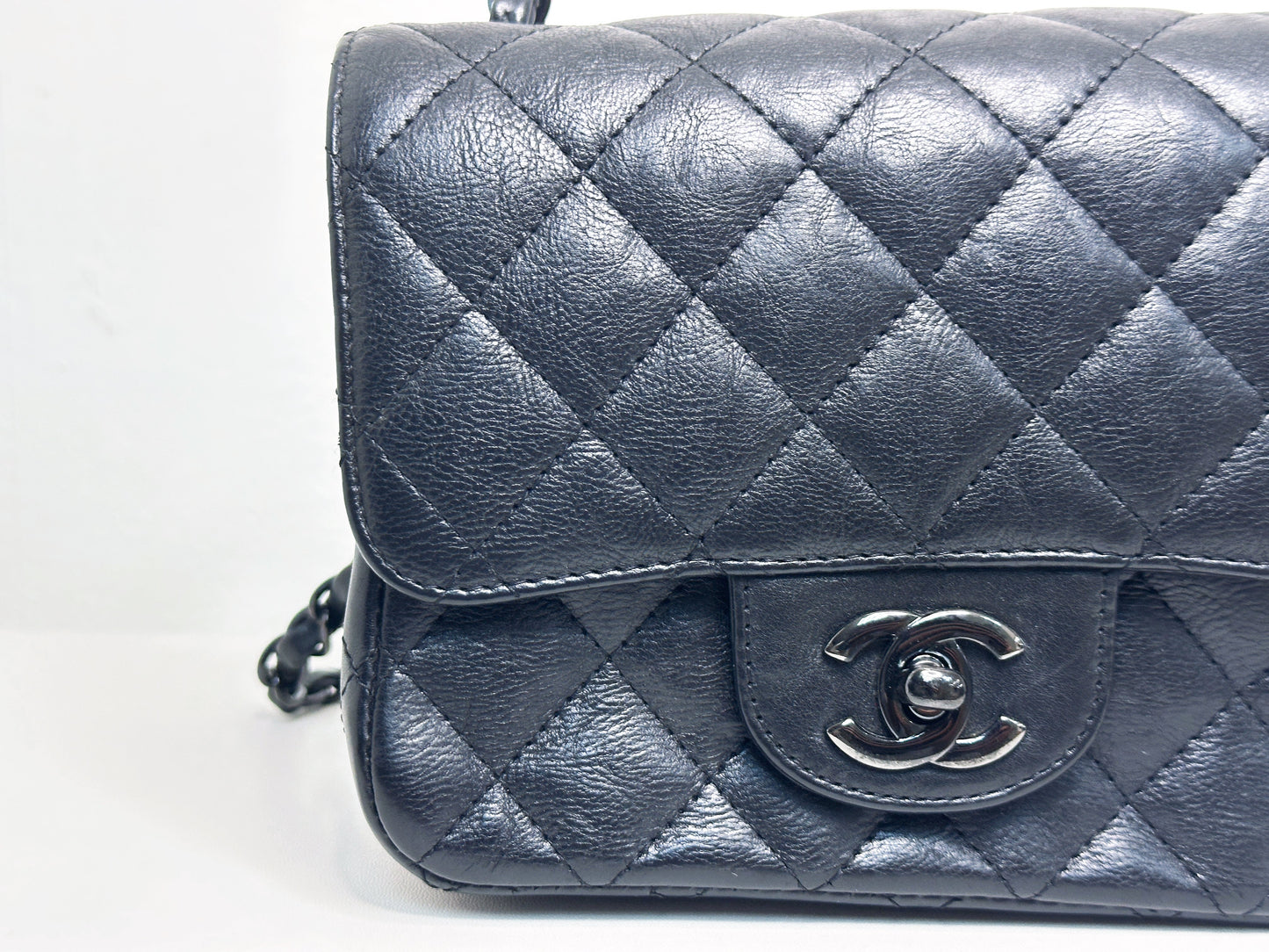 Chanel Quilted Mini Square Flap So Black Crumpled Calfskin 2417 holo card
