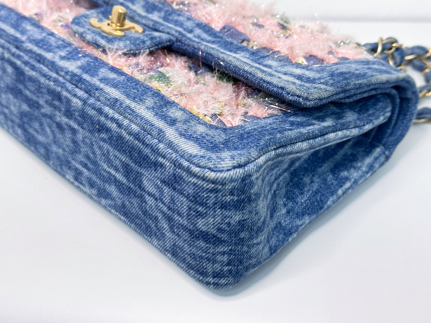 Chanel Pink, Silver, and Gold Tweed and Denim Medium Classic Double Flap Gold Hardware, 2016
