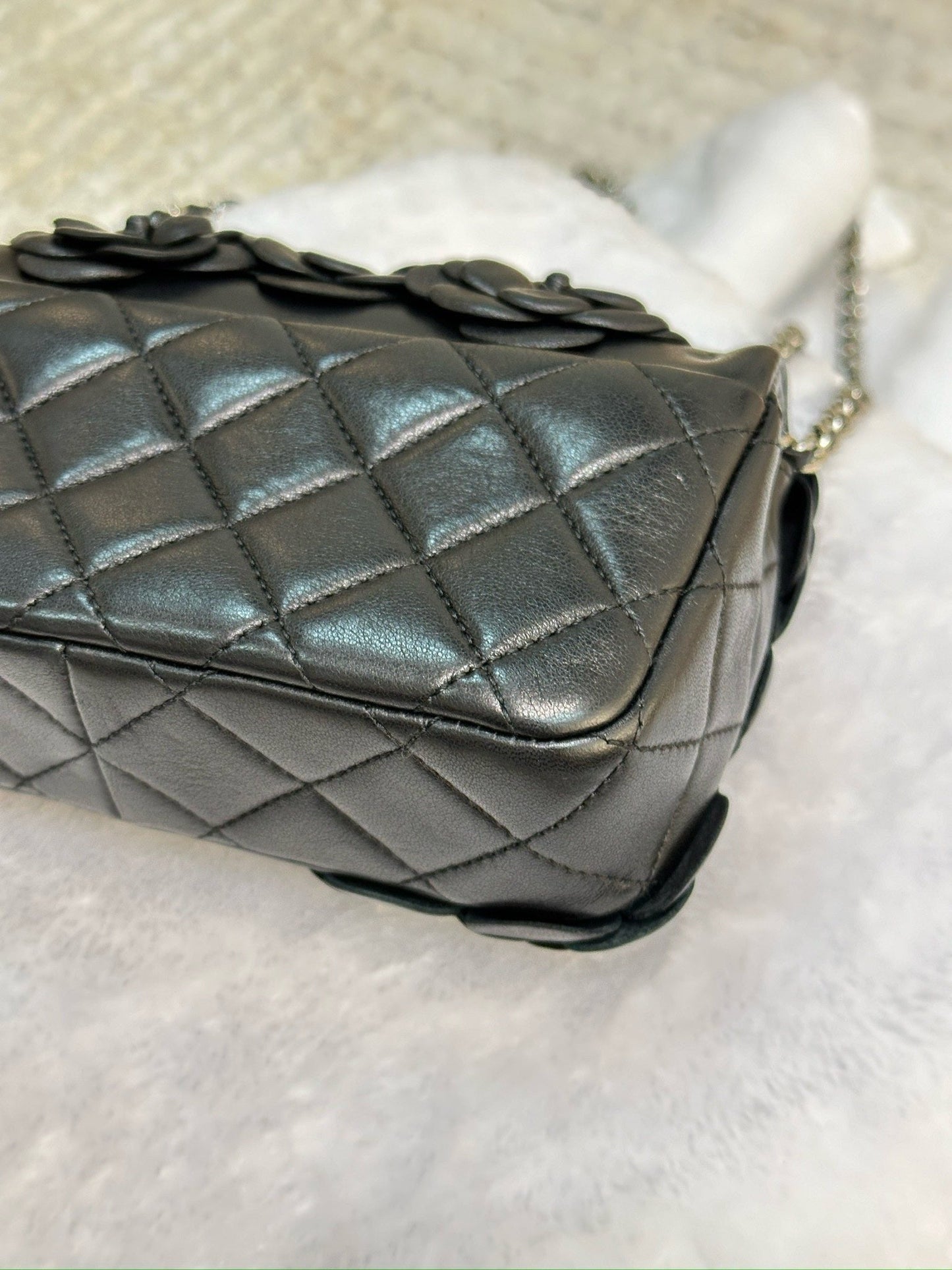 Chanel Mini Limited Edition Black Camellia Lambskin Flap Bag