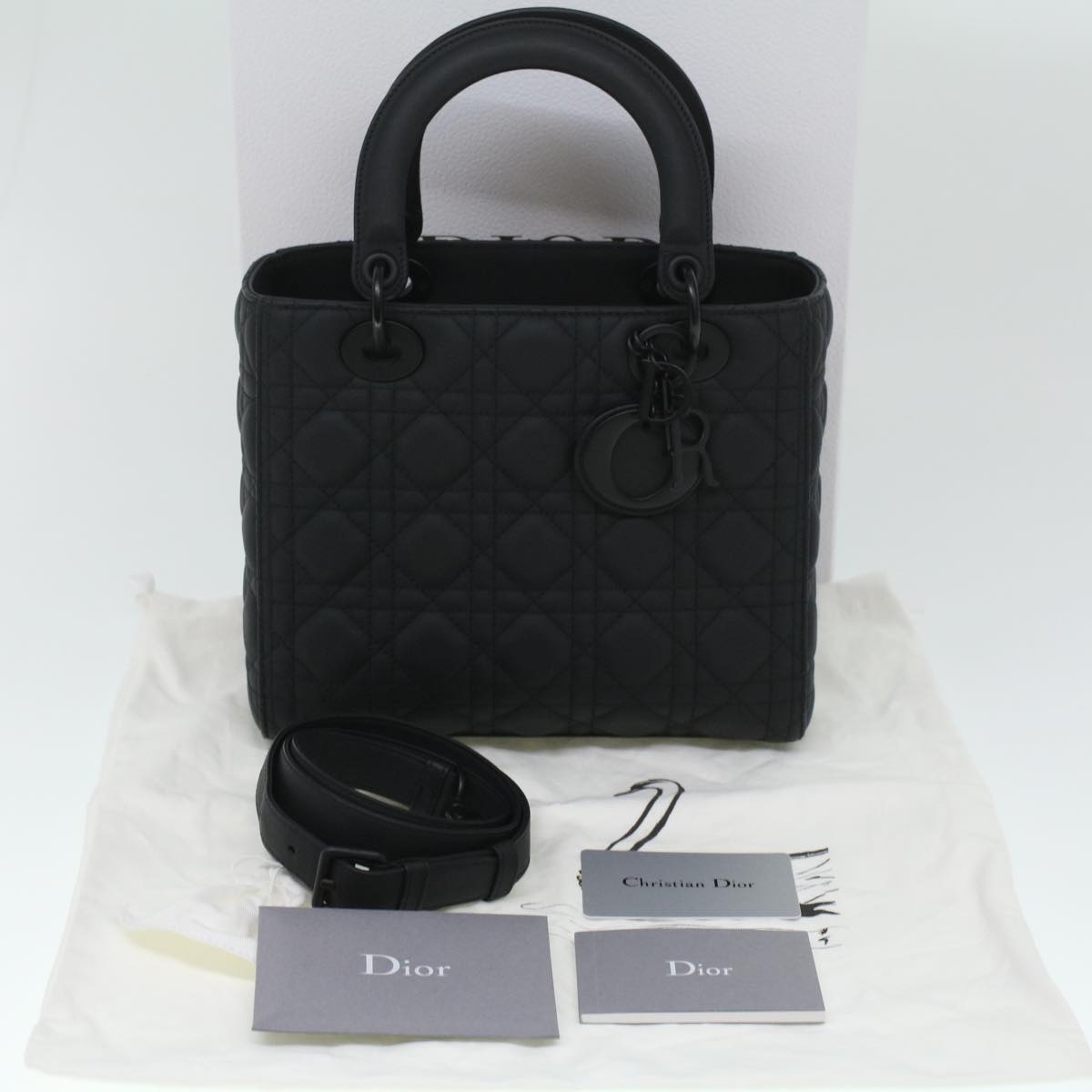CHRISTIAN DIOR Canage Lady Dior Hand Bag Calfskin Black M0566SLOI Auth 36776A