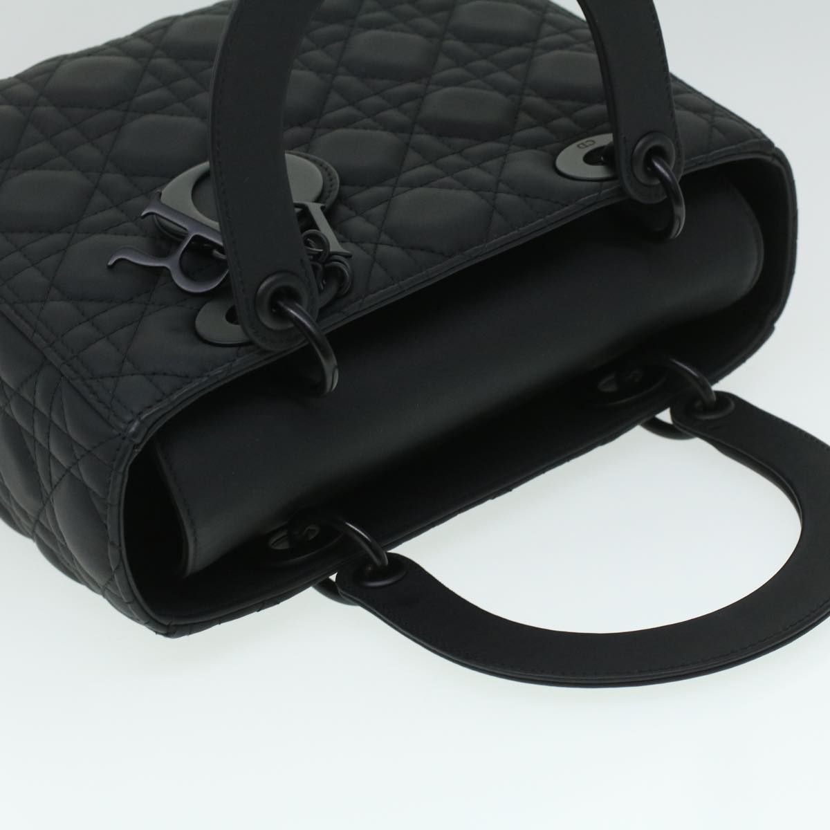 CHRISTIAN DIOR Canage Lady Dior Hand Bag Calfskin Black M0566SLOI Auth 36776A
