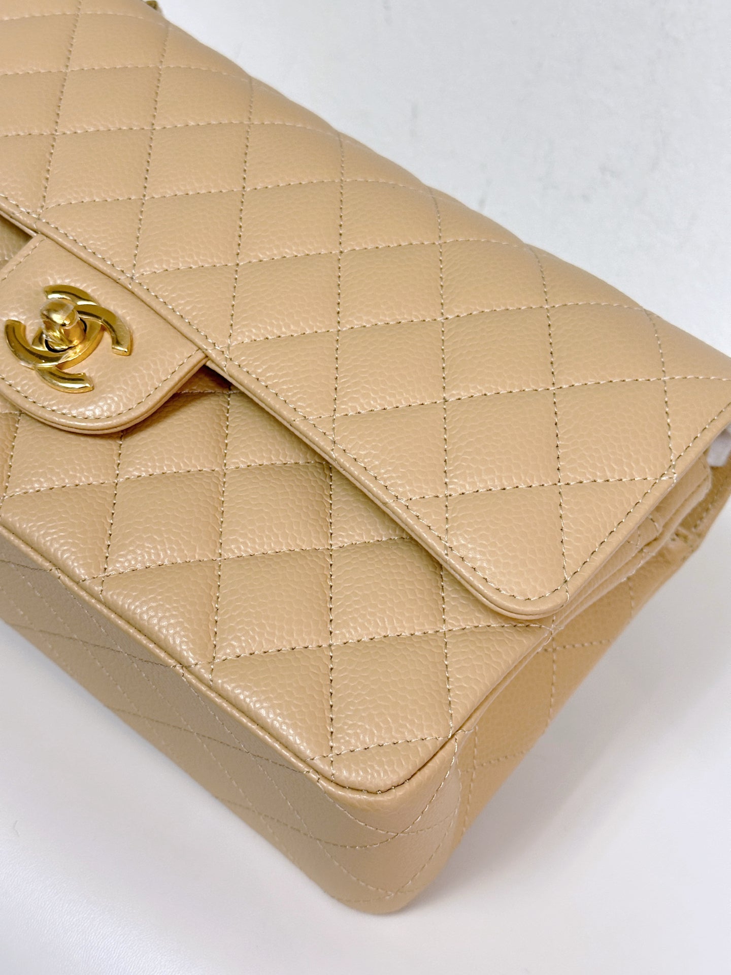 Chanel Medium Beige Classic Caviar Double Flap Bag GHW Microchip Singapore local Receipt
