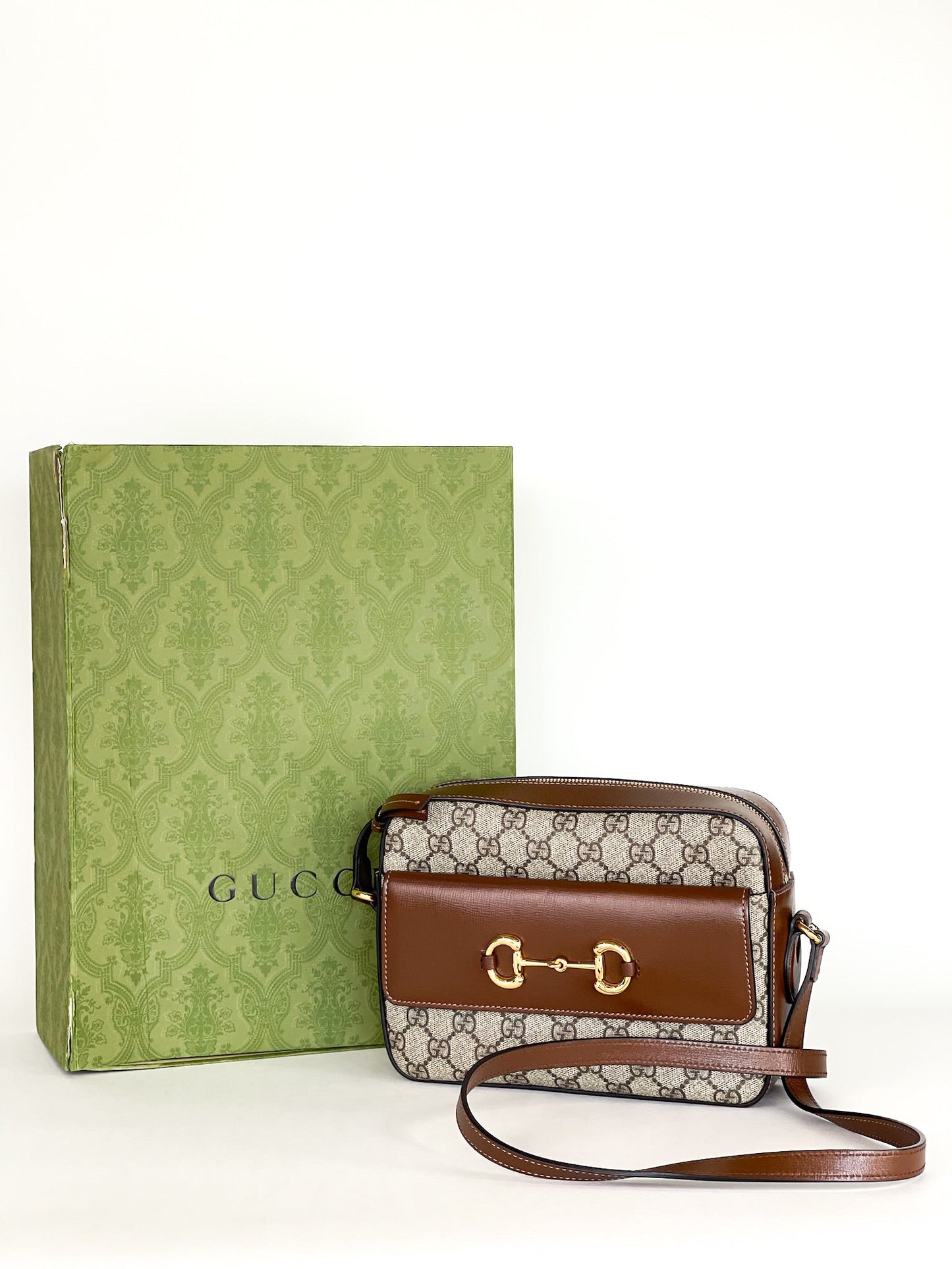 Gucci  Small Horsebit Beige/Brown GG Supreme Canvas and Leather Shoulder Bag