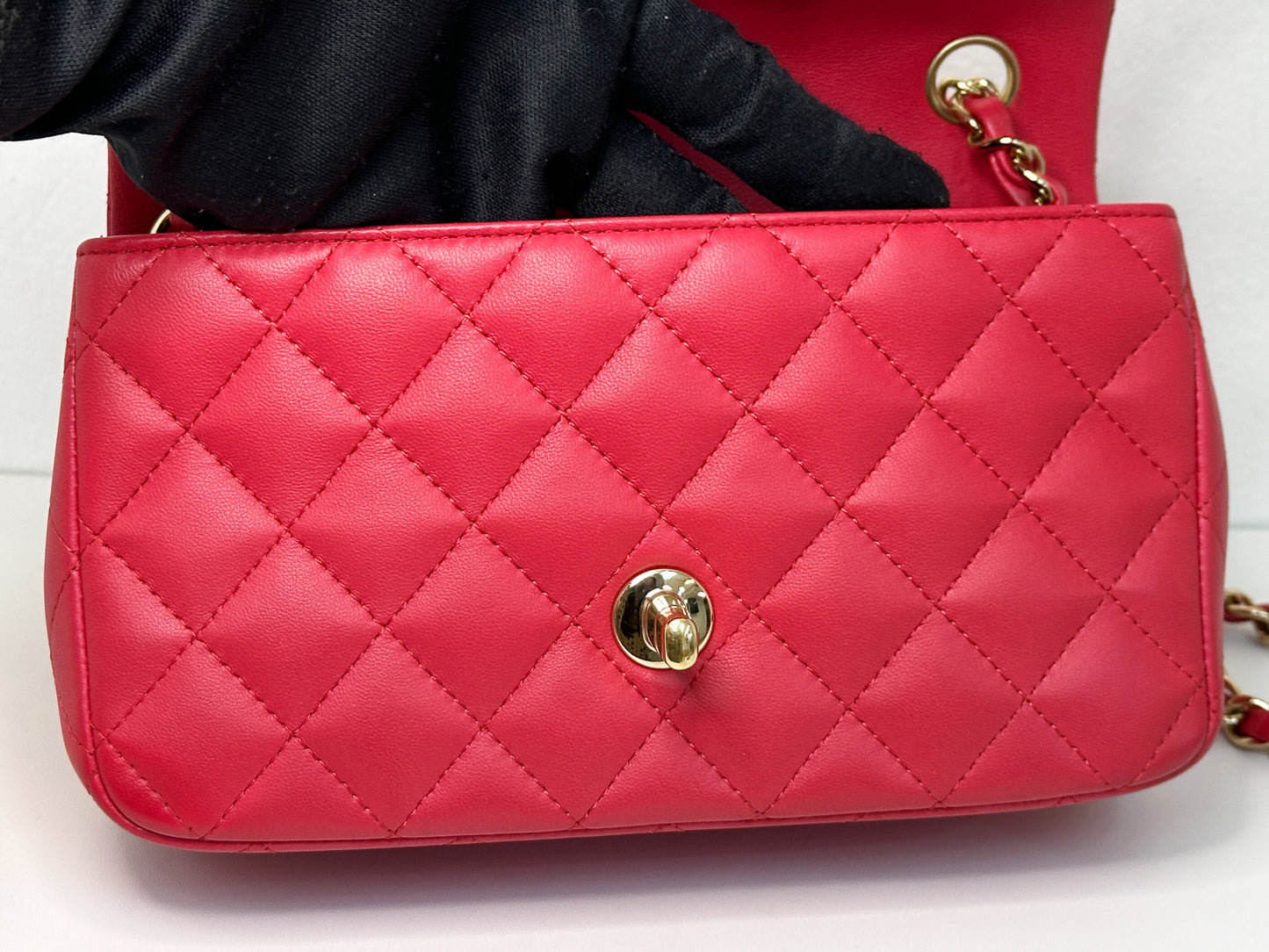 CHANEL Lambskin Quilted Mini Rectangular Flap Red 2491 holo card