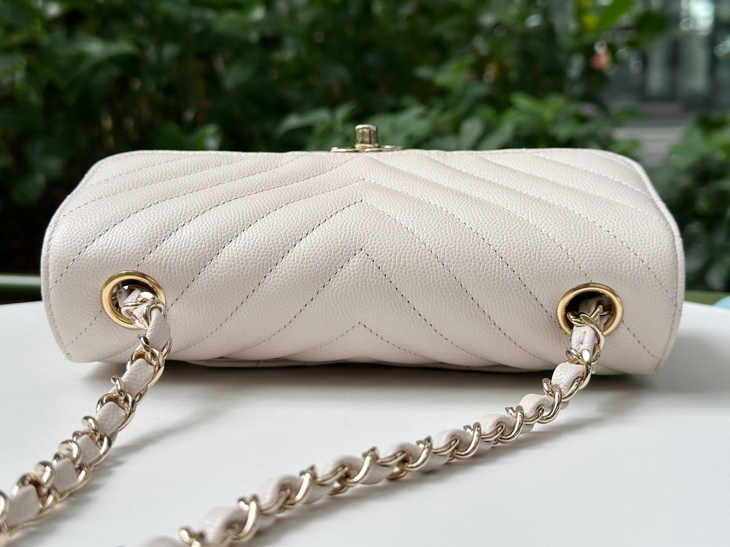 Chanel Mini Rectangle Chevron Blush Hue Light Beige Flap Bag LGHW 2644 holo card
