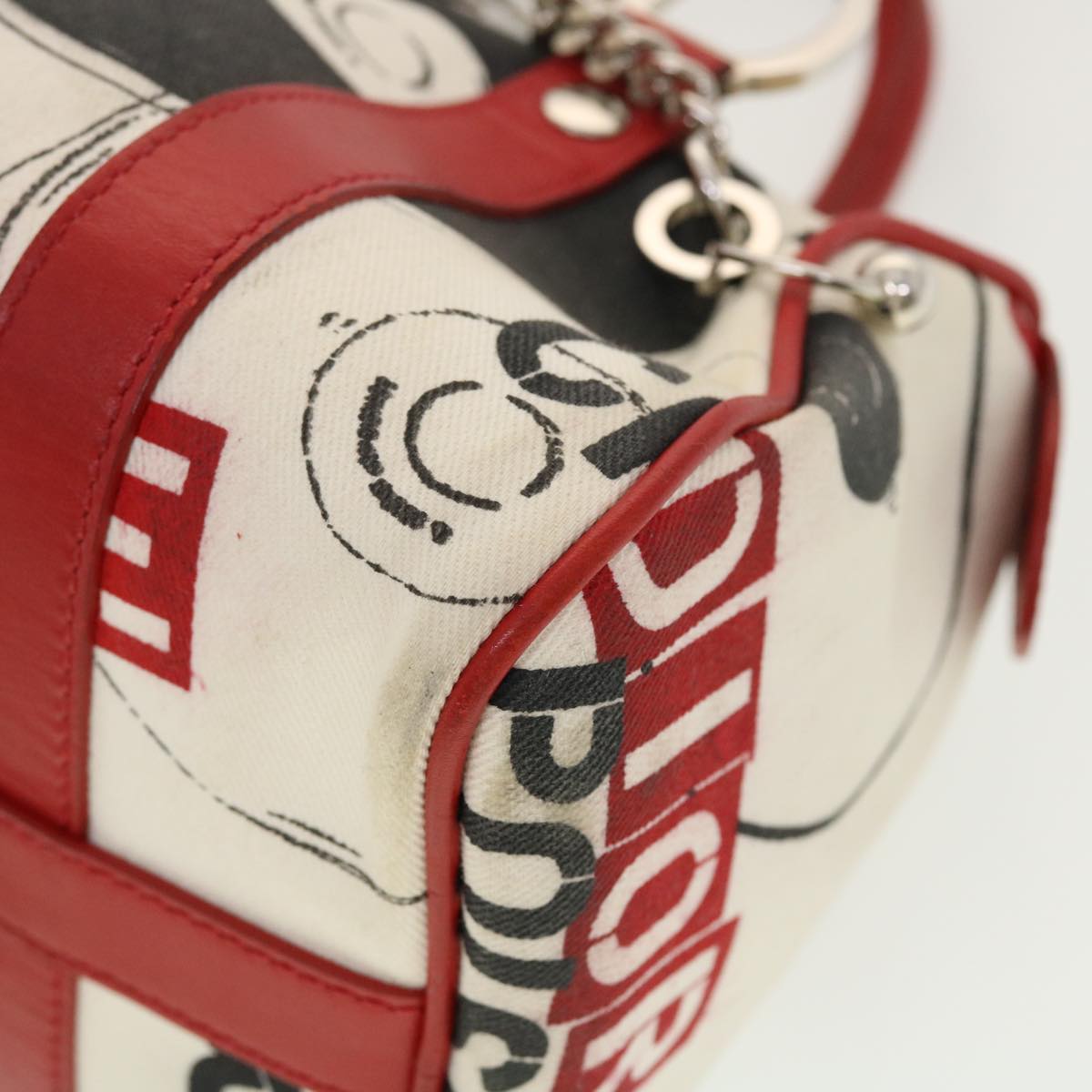 CHRISTIAN DIOR Hardcore Boston Bag Canvas White Red BO B 0024 Auth 39290