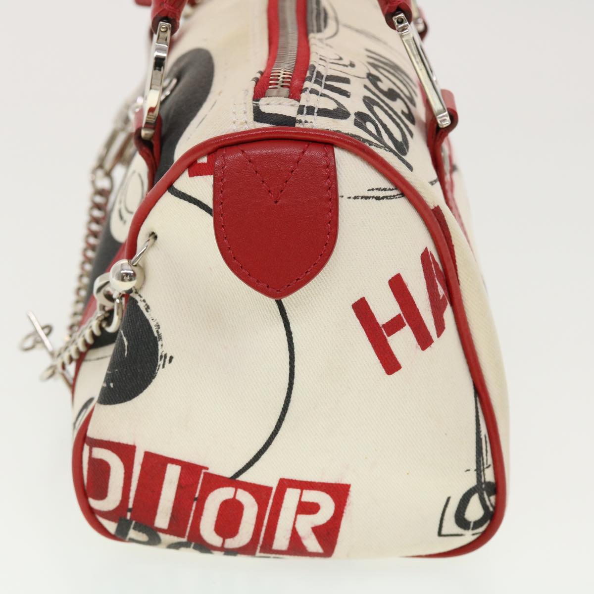CHRISTIAN DIOR Hardcore Boston Bag Canvas White Red BO B 0024 Auth 39290
