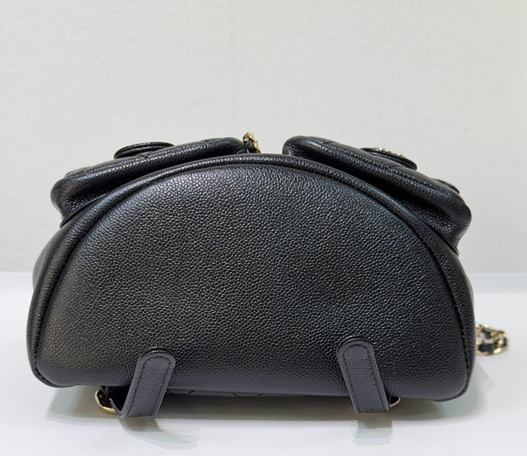 Chanel 23P Small Shiny Caviar Quilted Duma Pockets Drawstring Backpack Black GHW