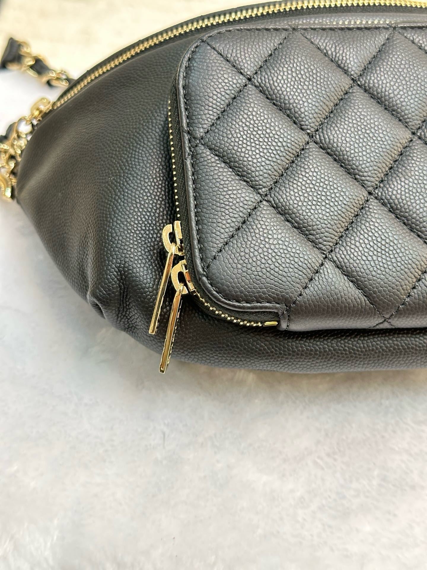 Chanel Black Quilted Caviar Leather Business Affinity Waist Belt Bag 27 holo card
