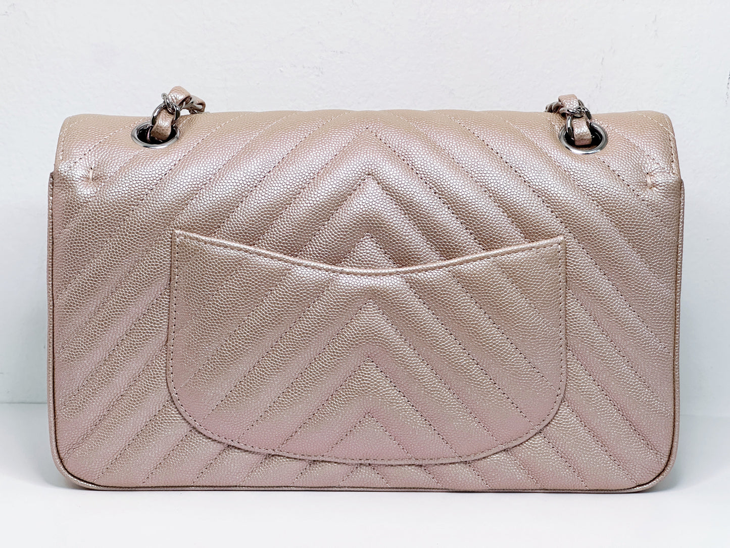 Chanel Medium Classic Chevron Caviar Double Flap Rose Gold SHW 24769 holo card