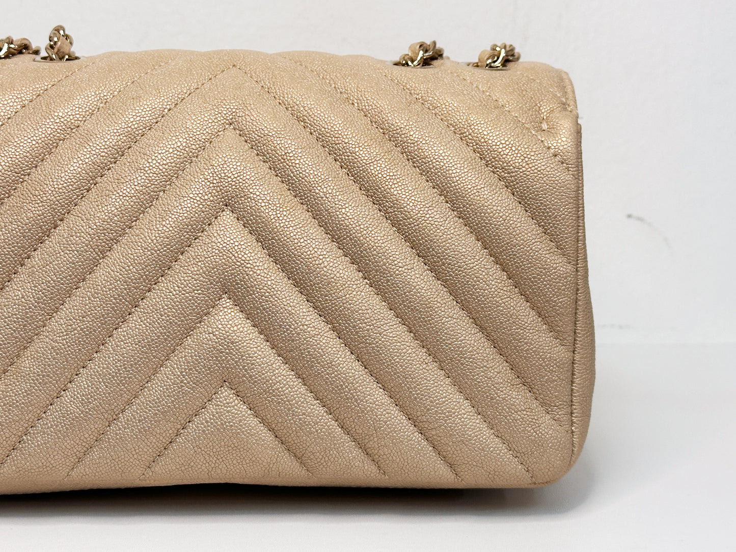 Chanel Mini Statement Metallic Caviar Chevron Quilted Flap Beige LGHW 2835 holo card