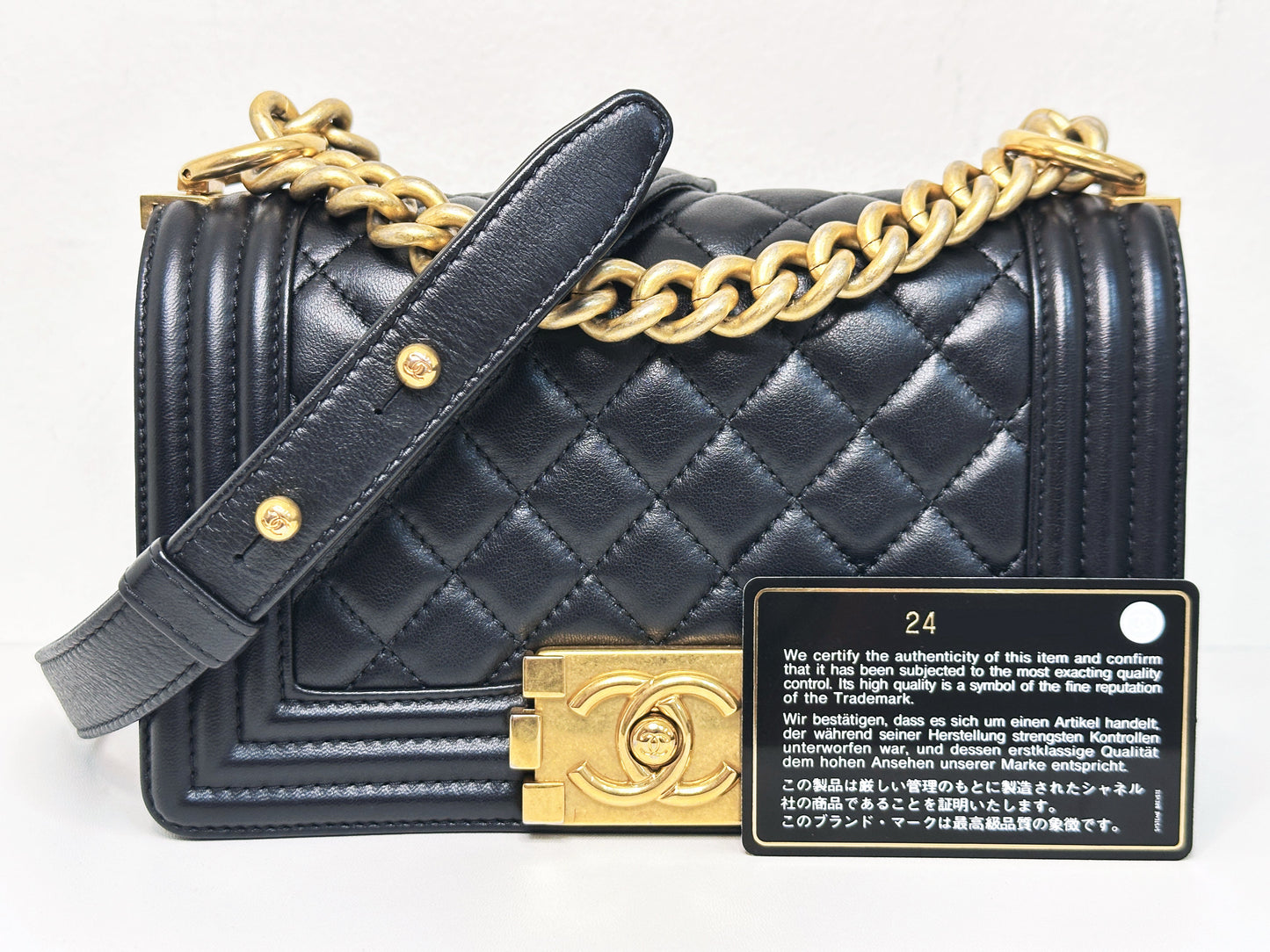 CHANEL SMALL BOY BAG CAVIAR BLACK GHW 2457 holo card