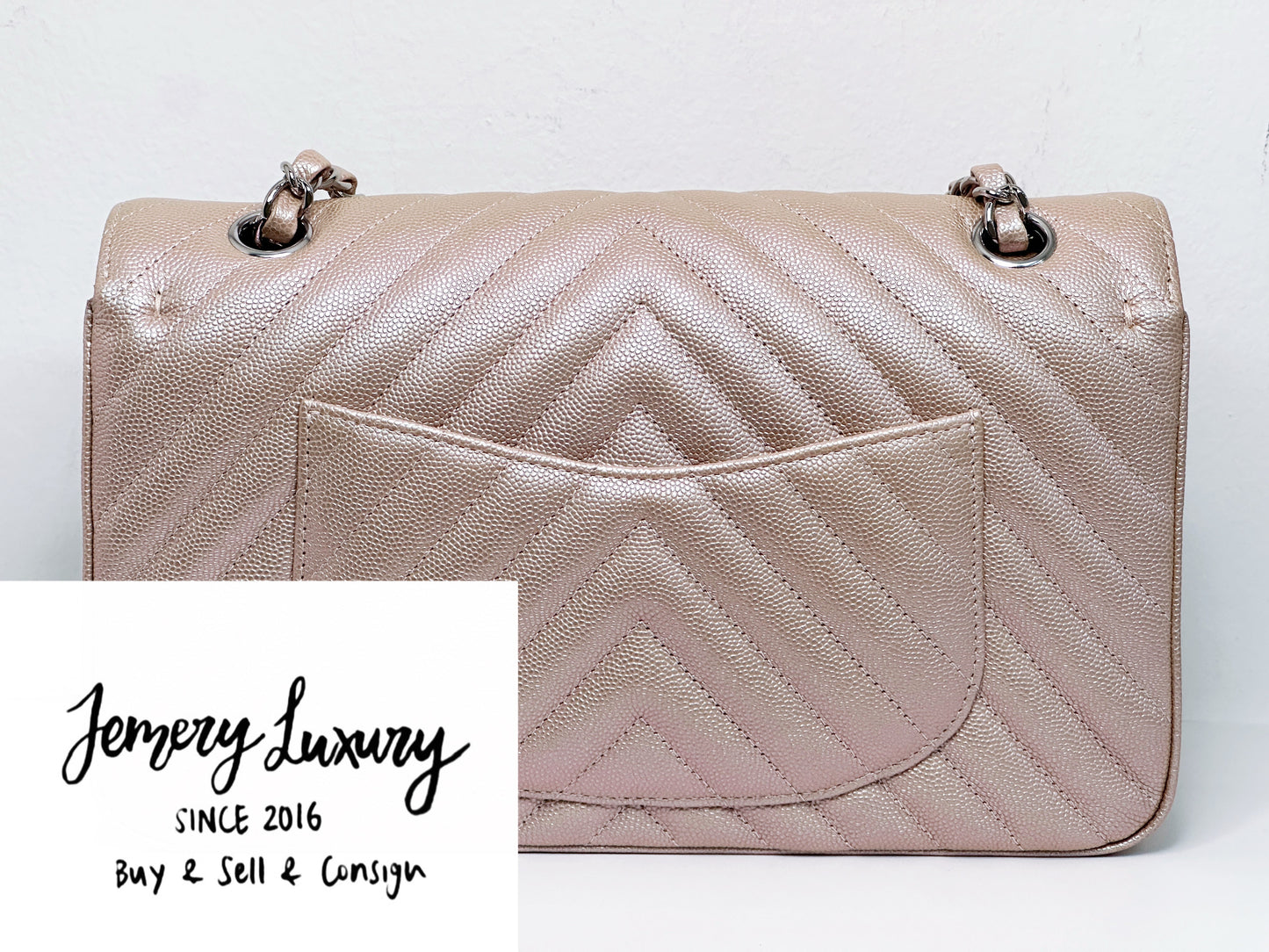 Chanel Medium Classic Chevron Caviar Double Flap Rose Gold SHW 24769 holo card