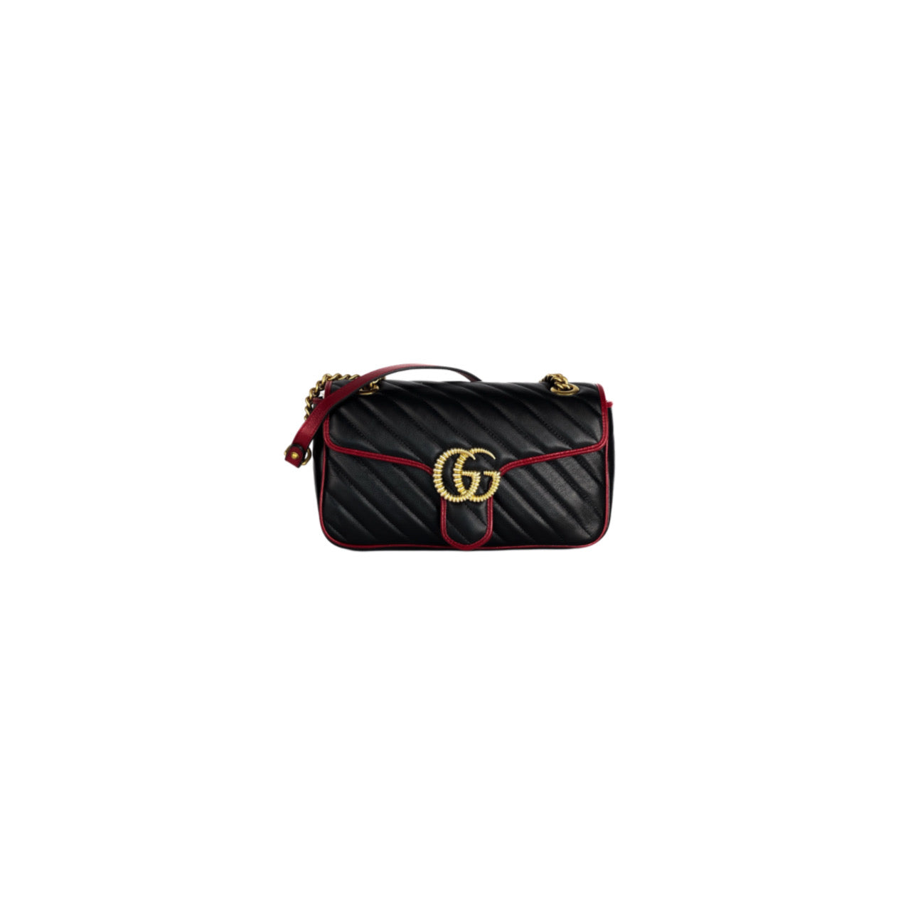 Gucci Calfskin Matelasse Diagonal Small Torchon GG Marmont Shoulder Bag Black Romantic Cherry