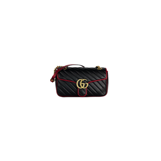Gucci Calfskin Matelasse Diagonal Small Torchon GG Marmont Shoulder Bag Black Romantic Cherry