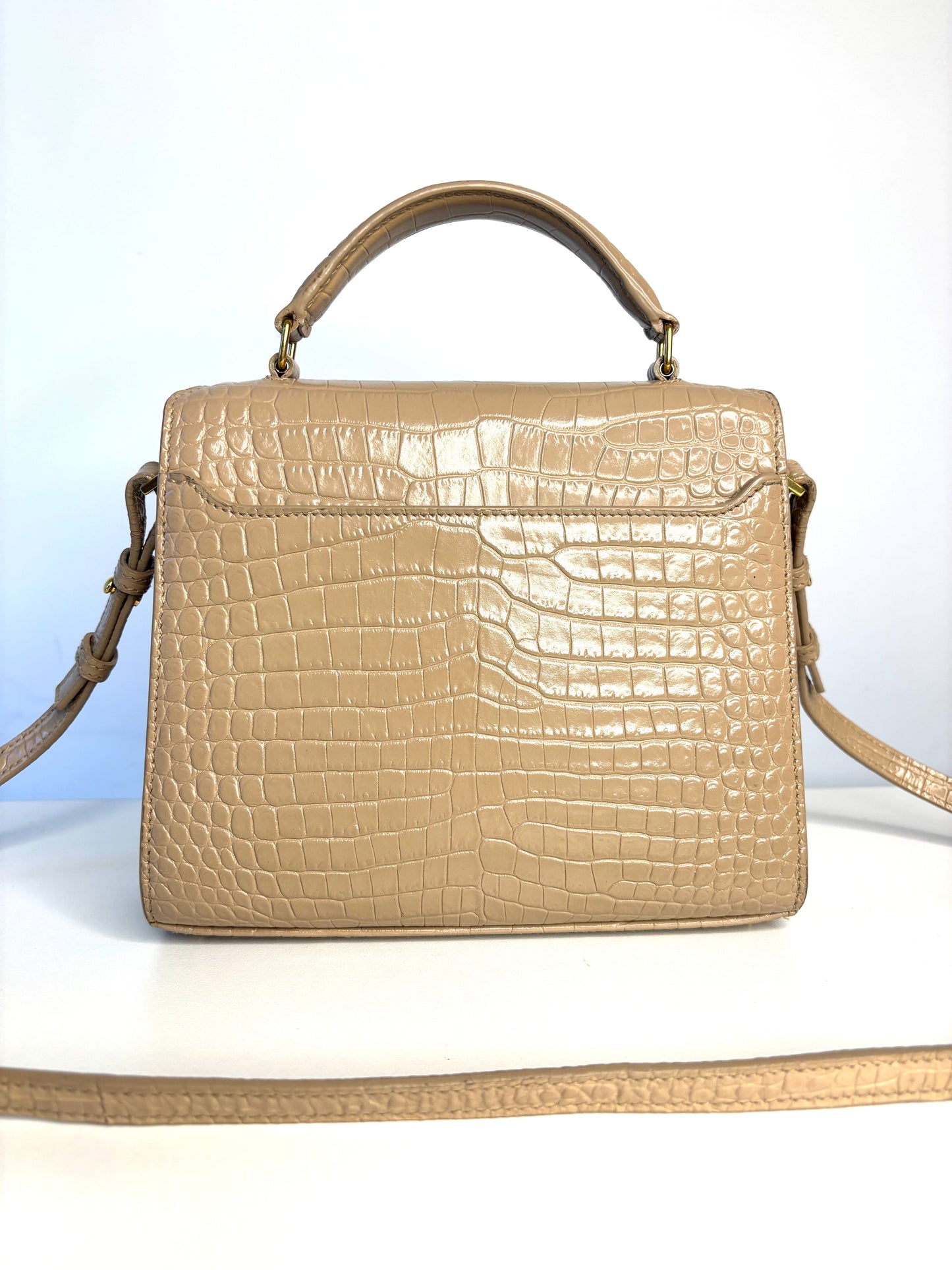 Saint Laurent YSL Crocodile Embossed Mini Classic Monogram Cassandra Nude Top Handle Bag