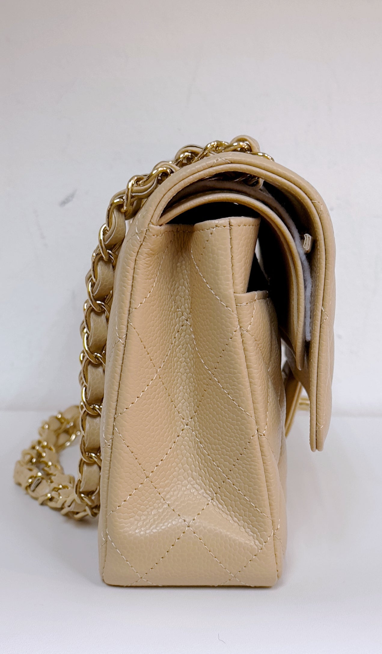 Chanel Medium Beige Classic Caviar Double Flap Bag GHW Microchip Singapore local Receipt