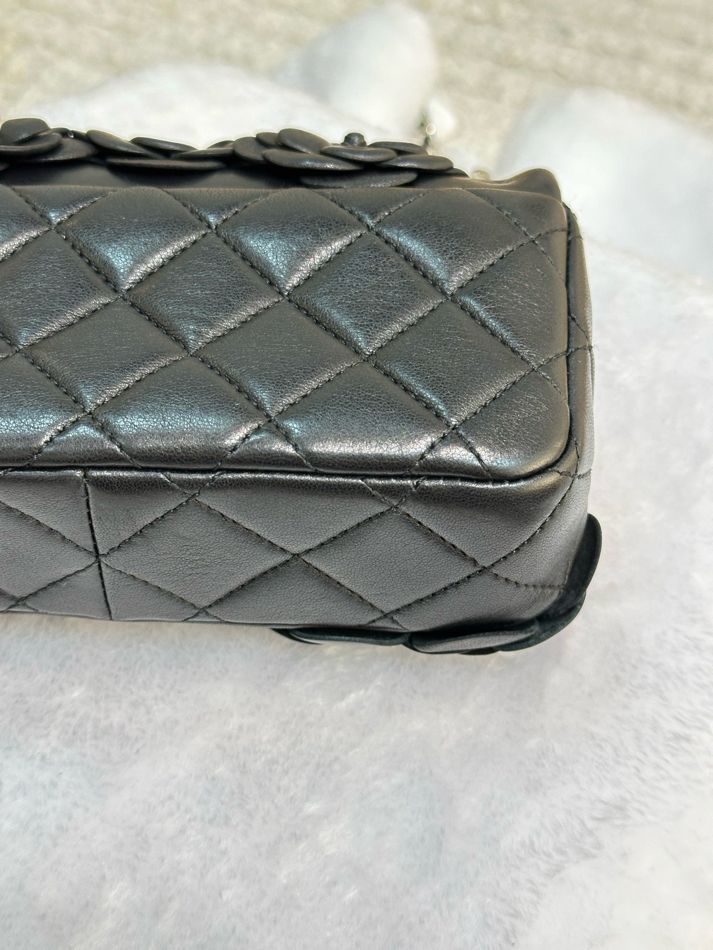 Chanel Mini Limited Edition Black Camellia Lambskin Flap Bag