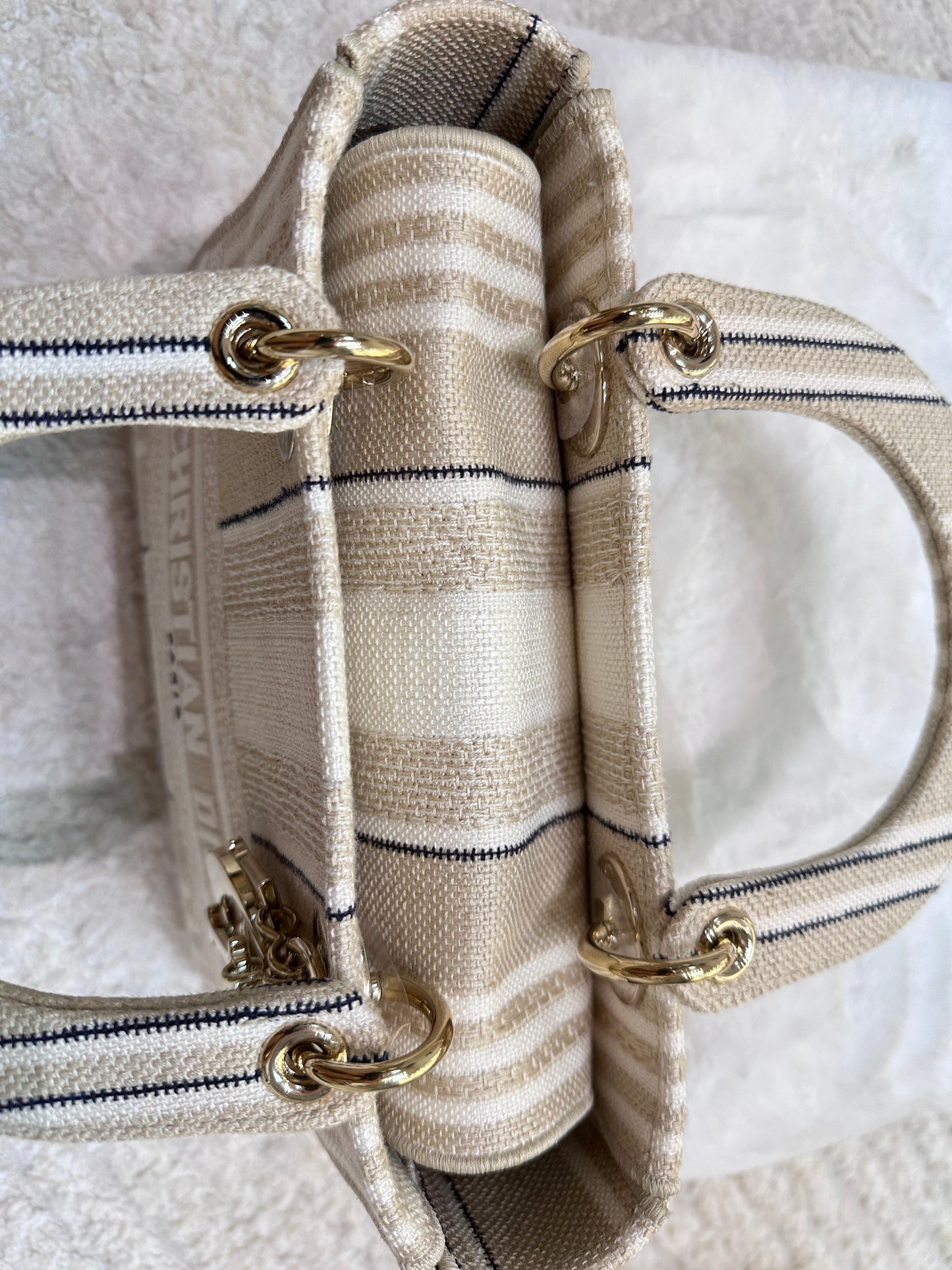 Dior Beige/White Medium Canvas Striped Lady D-Lite