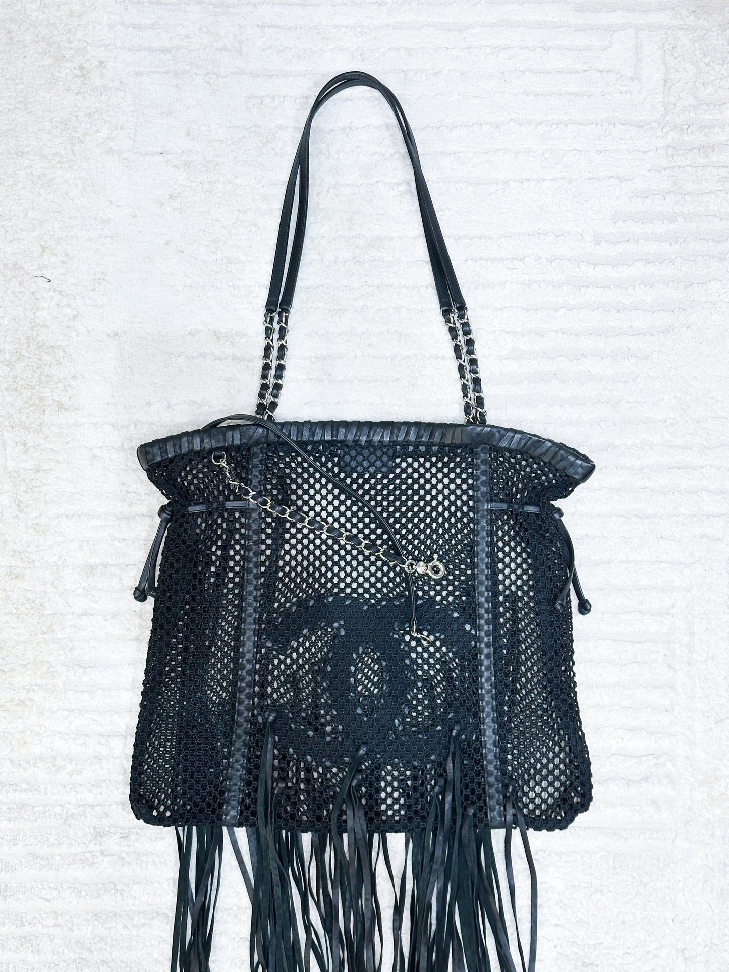 Chanel Limited Edition Resort 2011 Black Fringe Mesh Tote Bag 1373 holo card