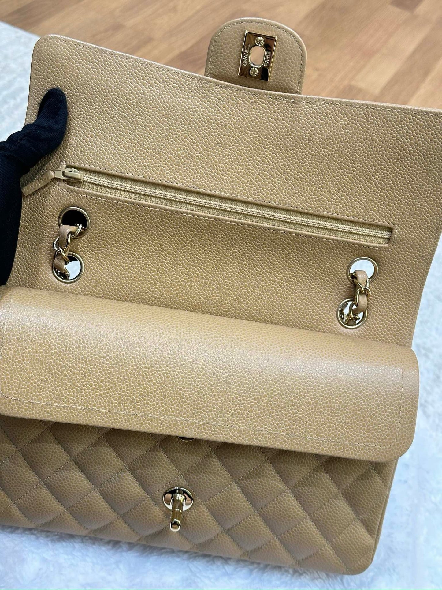 Chanel Medium Caviar Quilted Double Flap Beige Bag 866 Holo