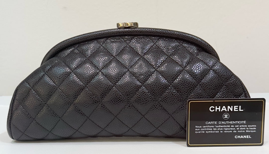 Chanel Quilted Timeless Kisslock Clutch Black Caviar SHW 1634 holo card