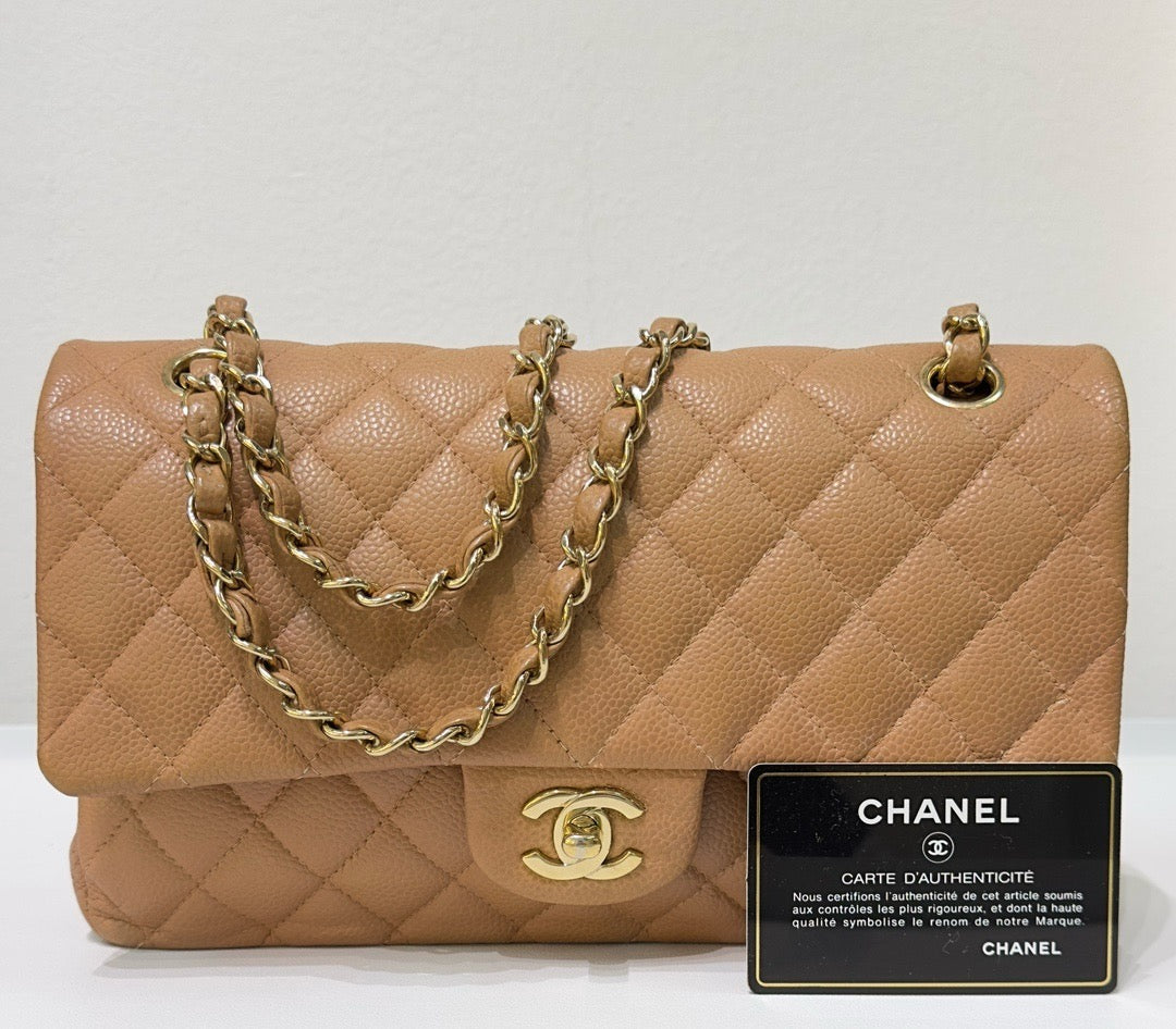 Chanel Medium Caviar Quilted Double Flap Beige Bag 258315 Holo Card