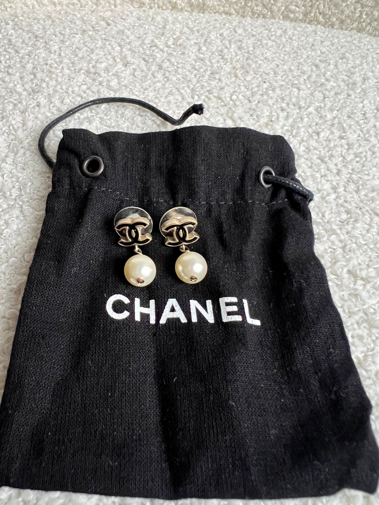Chanel Black CC Pearl Drop Earrings